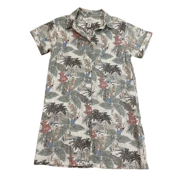 Rachel Zoe M Linen Shirt Dress | Tropical Parrot Print Button Front Resort Vibe - Picture 1 of 5